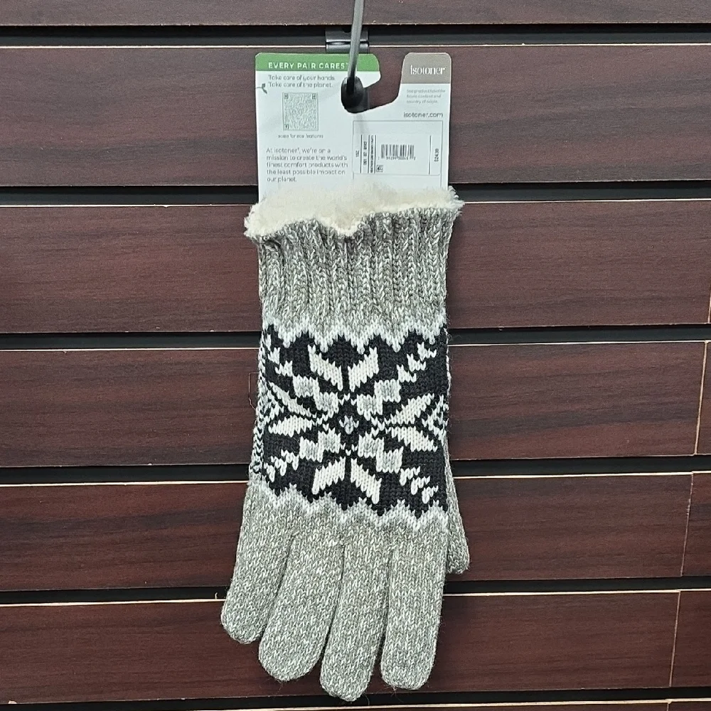 Isotoner | Adult Snowflake Knit Gloves – Light Gray Sherpasoft Lined | OSFM - Picture 5 of 8